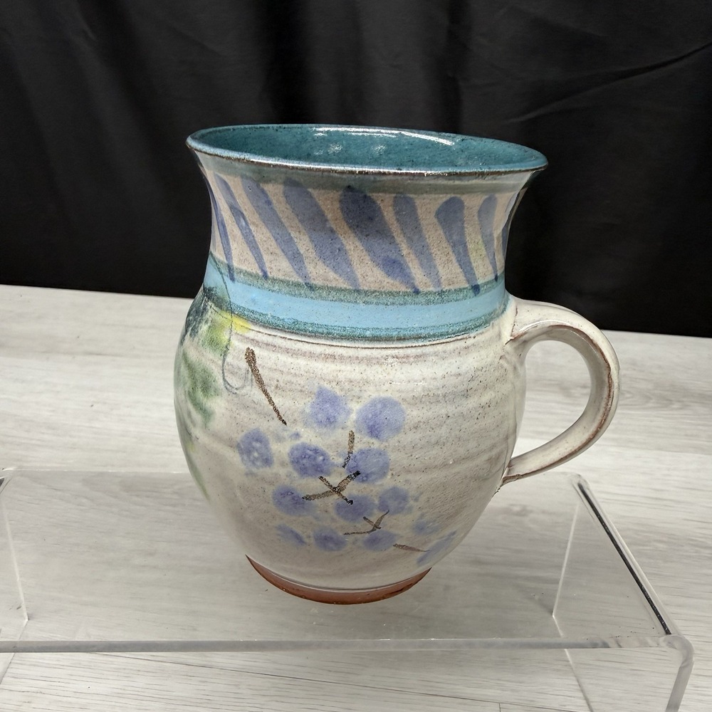 Bennett Signed Studio Pottery Cup Vase Multicolor Floral Clay 5.25in